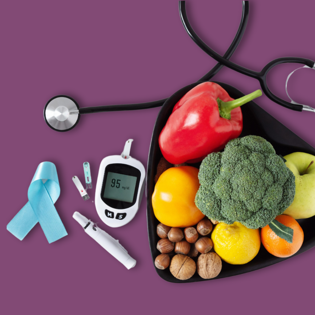 A heartshaped bowl filled with produce on a purple background next to diabetes testing supplies and a blue ribbon