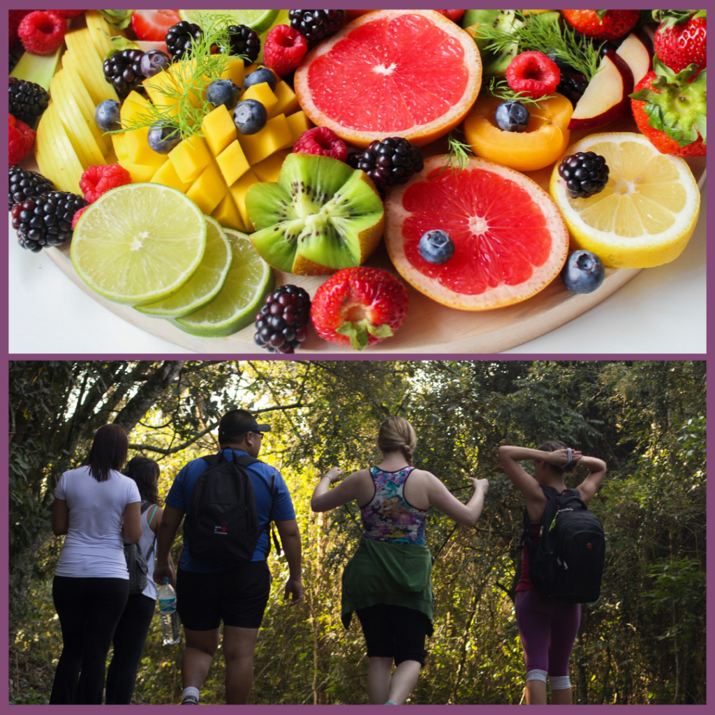 two photo grid with an array of fruits and people walking in the woods away from the camera