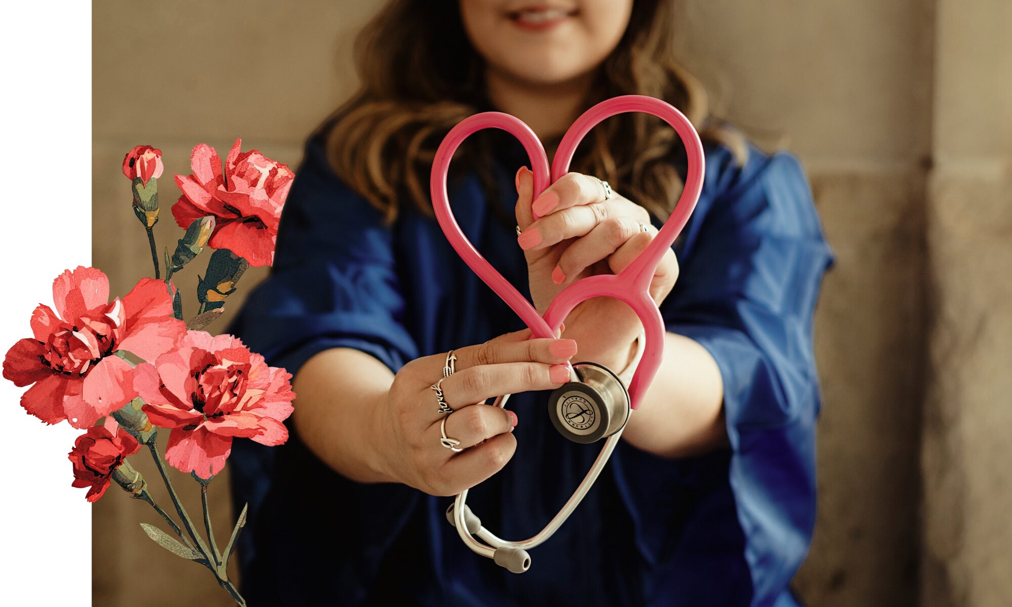 A stethescope being held in a heart shaped by a person wearing a blue graduation robe is framed by red carnation graphics,