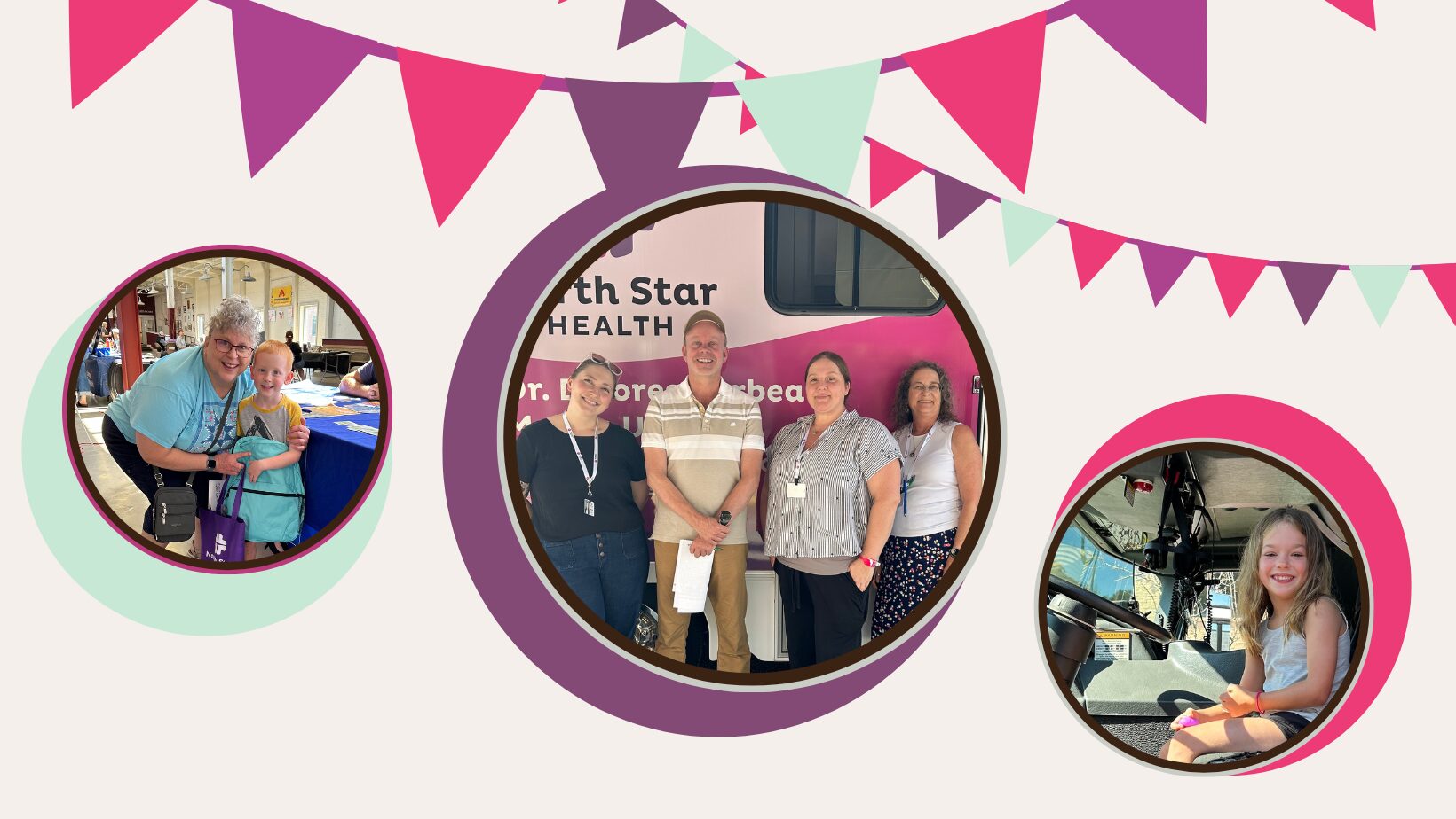 cream background with circular cropped photos of smiling people