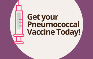 A white circle on a purple background that has the text Get Your pneumococcal Vaccine today with the North Star Health logo.